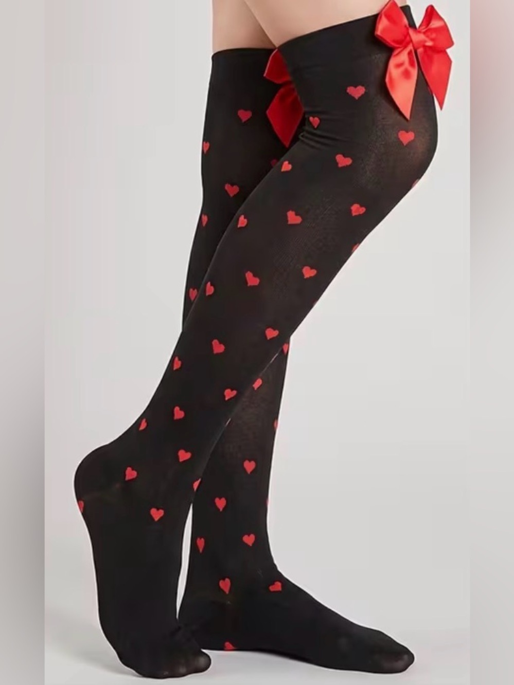 Red Heart-Print Black Thigh High Socks with Red Bow - Picture 7 of 7
